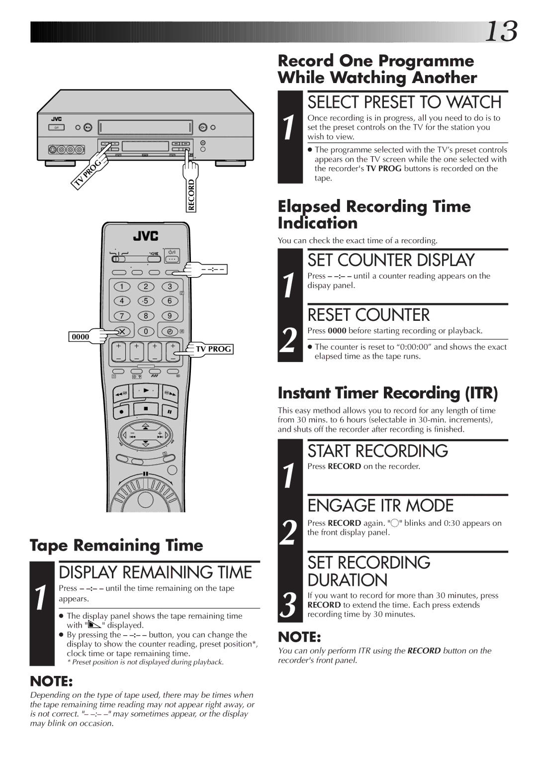 JVC HR-S9500EK Select Preset to Watch, SET Counter Display, Reset Counter, Engage ITR Mode, SET Recording Duration 