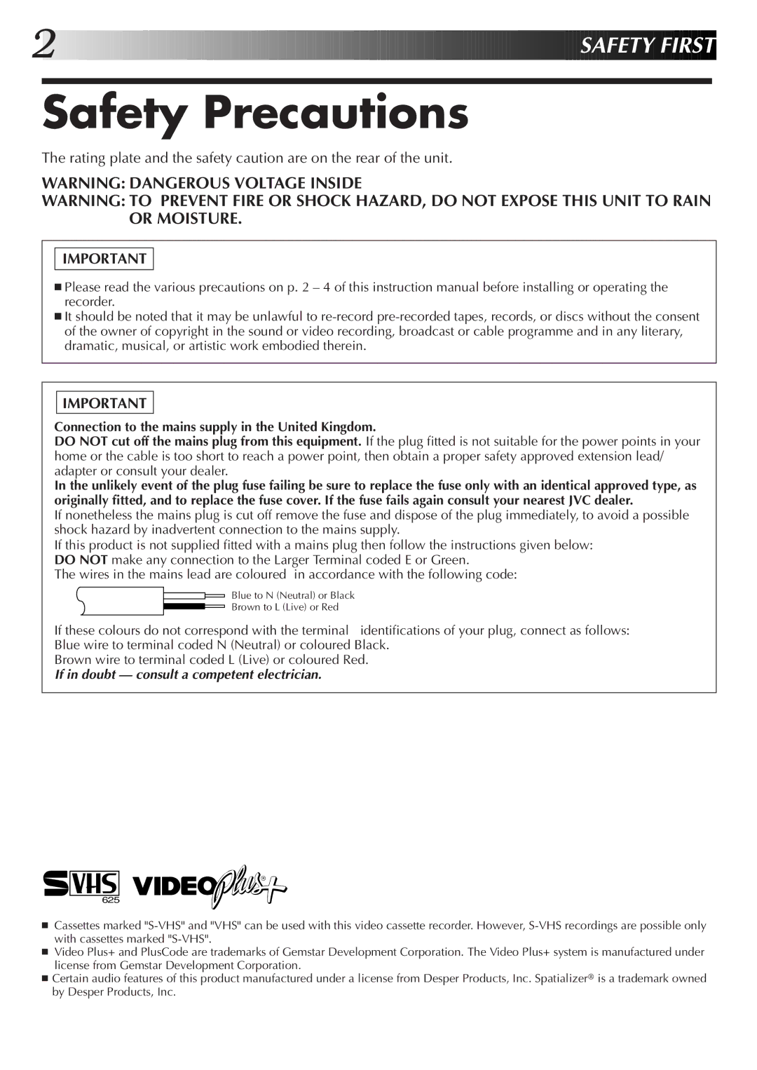 JVC HR-S9500EK setup guide Safety Precautions, Connection to the mains supply in the United Kingdom 