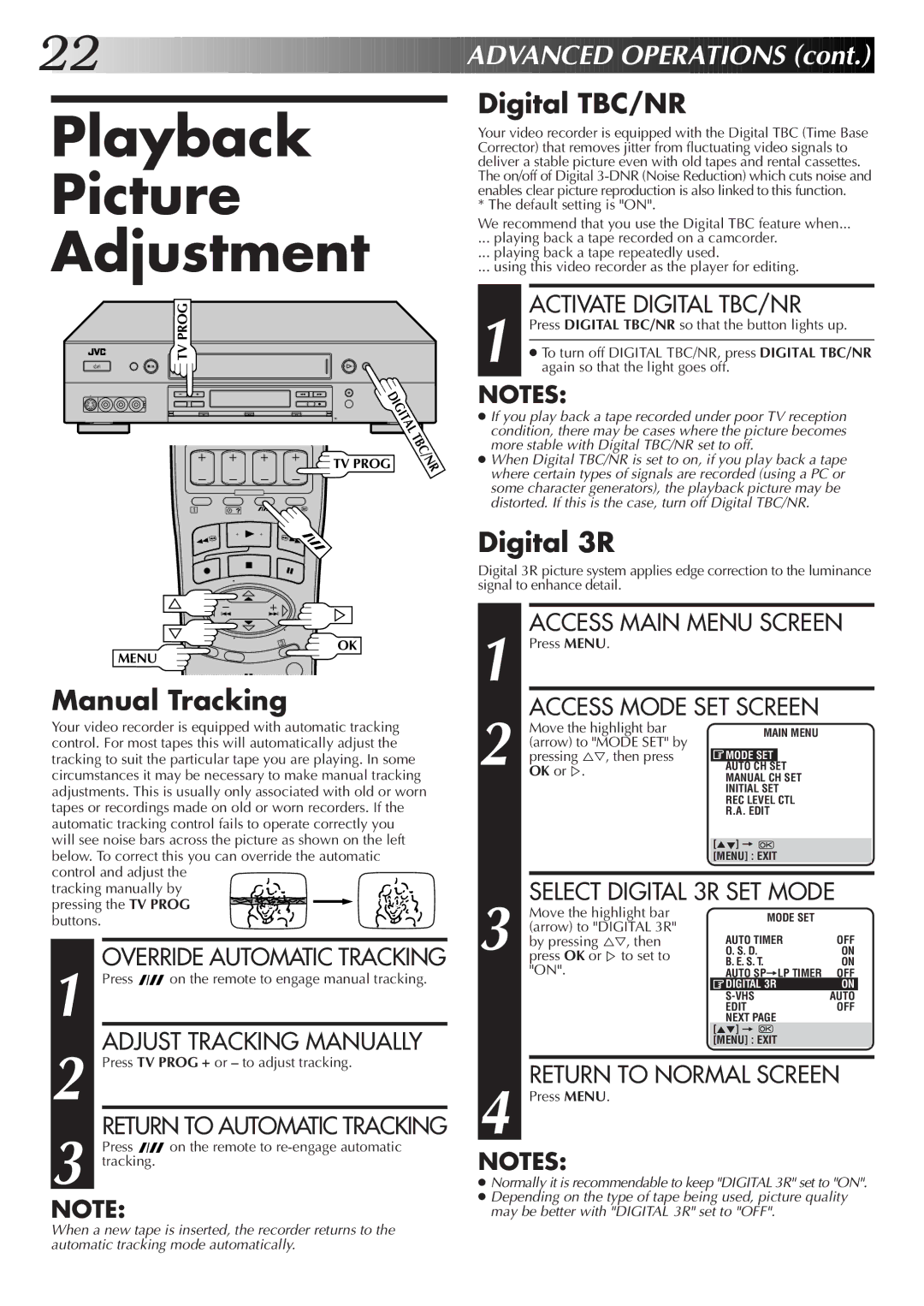 JVC HR-S9500EK setup guide Playback Picture Adjustment, Manual Tracking, Digital TBC/NR, Digital 3R 