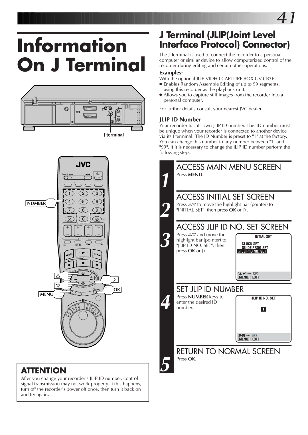 JVC HR-S9500EK Information On J Terminal, Terminal JLIPJoint Level Interface Protocol Connector, Access Initial SET Screen 