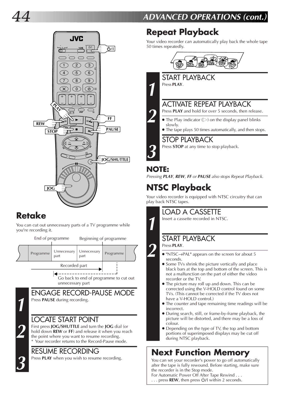 JVC HR-S9500EK setup guide Repeat Playback, Ntsc Playback, Retake, Next Function Memory 