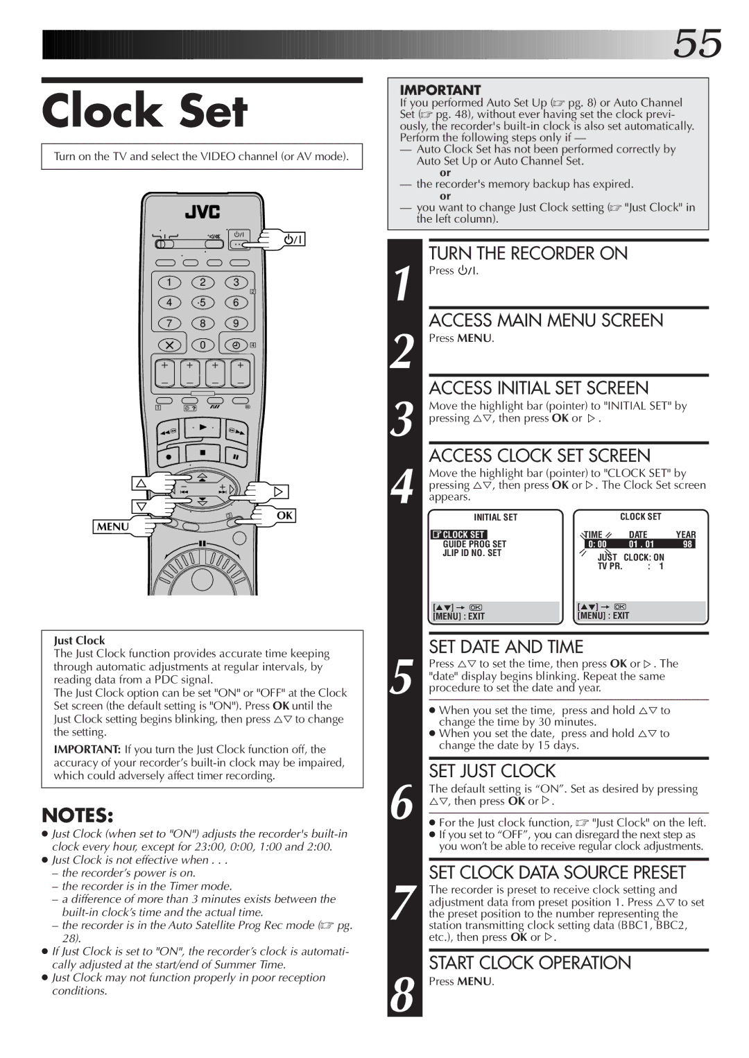 JVC HR-S9500EK setup guide Clock Set, Just Clock 