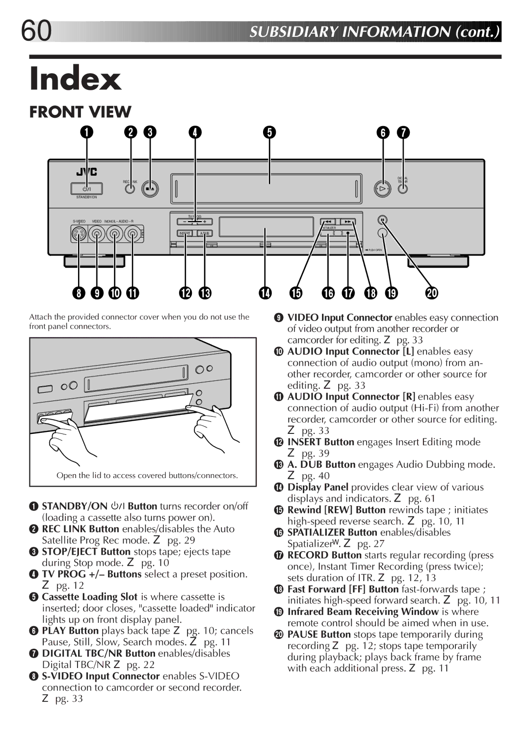 JVC HR-S9500EK setup guide Index, Spatializer Button enables/disables Spatializer. pg 