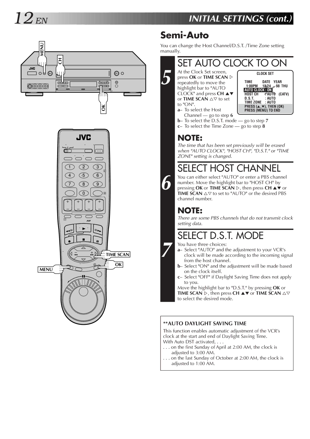 JVC HR-S9500U manual SET Auto Clock to on, Select Host Channel, Select D.S.T. Mode, Semi-Auto 