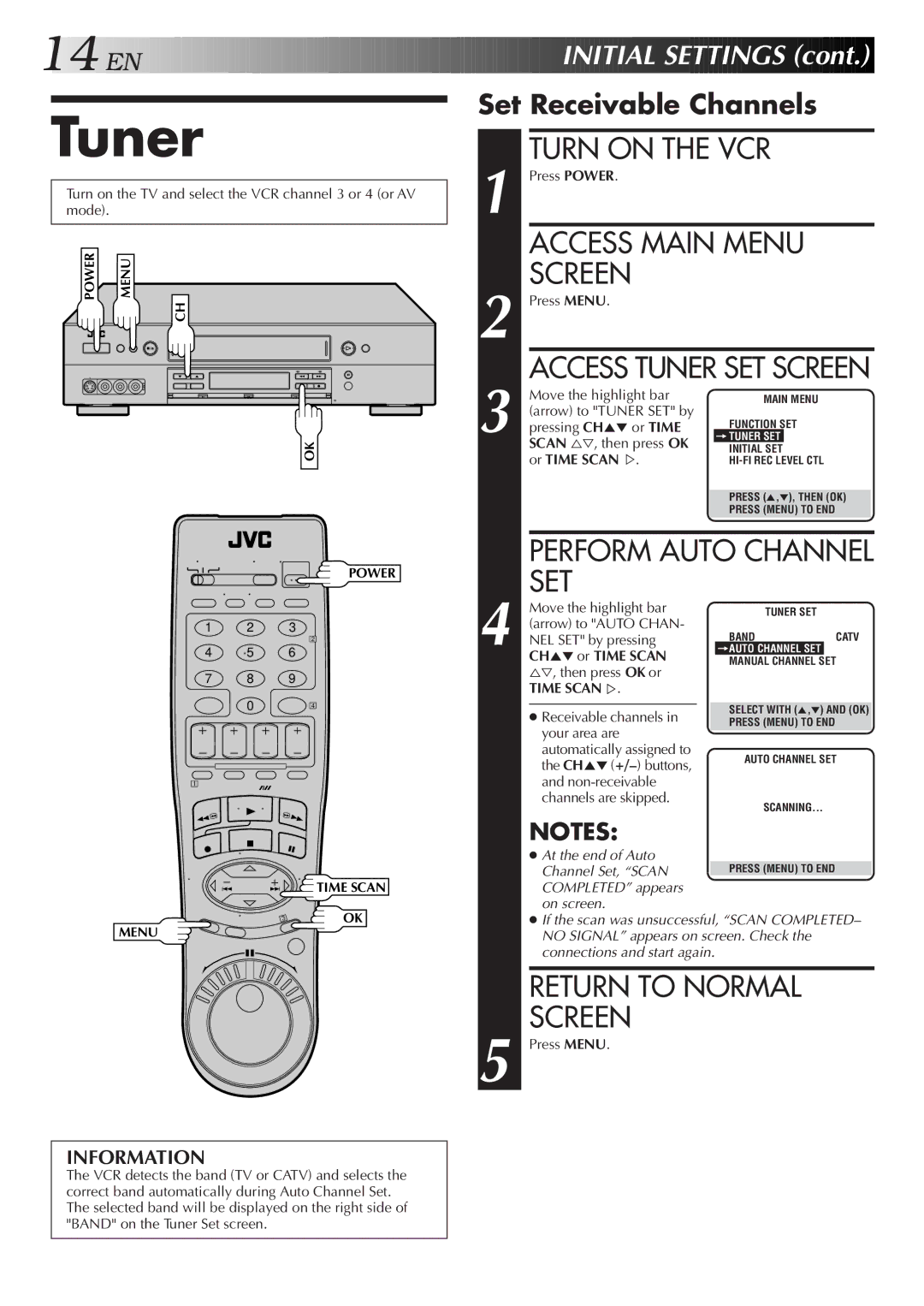 JVC HR-S9500U manual Access Main Menu Screen, Set Receivable Channels, Access Tuner SET Screen 