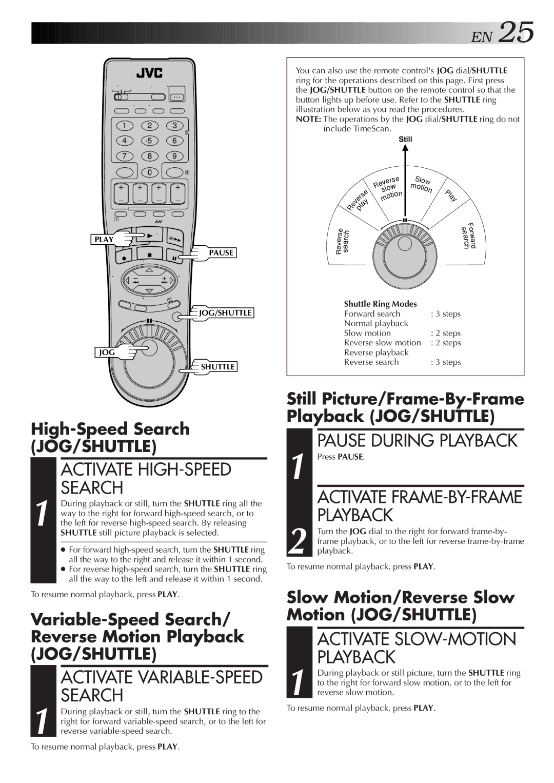 JVC HR-S9500U manual Activate HIGH-SPEED Search, Pause During Playback 