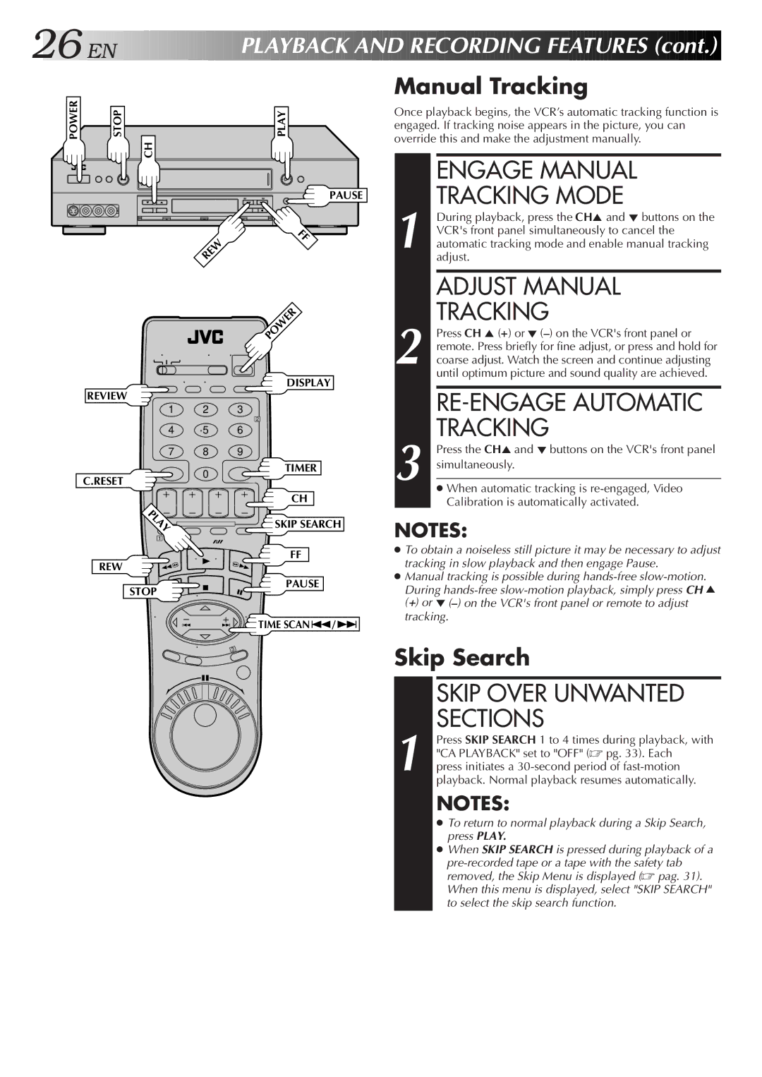 JVC HR-S9500U manual Engage Manual Tracking Mode, Adjust Manual Tracking, RE-ENGAGE Automatic Tracking 