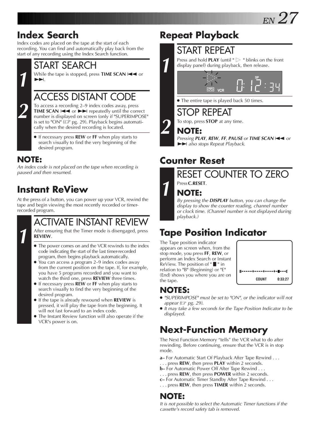 JVC HR-S9500U manual Start Search, Access Distant Code, Start Repeat, Stop Repeat 