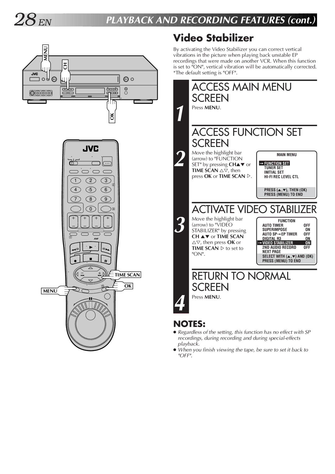 JVC HR-S9500U manual Activate Video Stabilizer, CH 5 or Time Scan, Time SCAN%to set to 