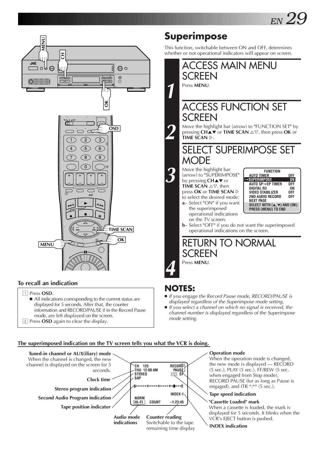 JVC HR-S9500U manual Mode, Select Superimpose SET 