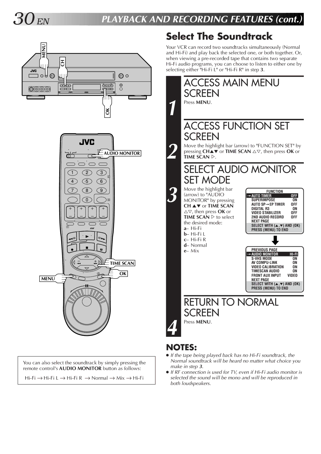 JVC HR-S9500U manual Access Function SET, Select Audio Monitor, SET Mode, Select The Soundtrack, Time SCAN%to select 