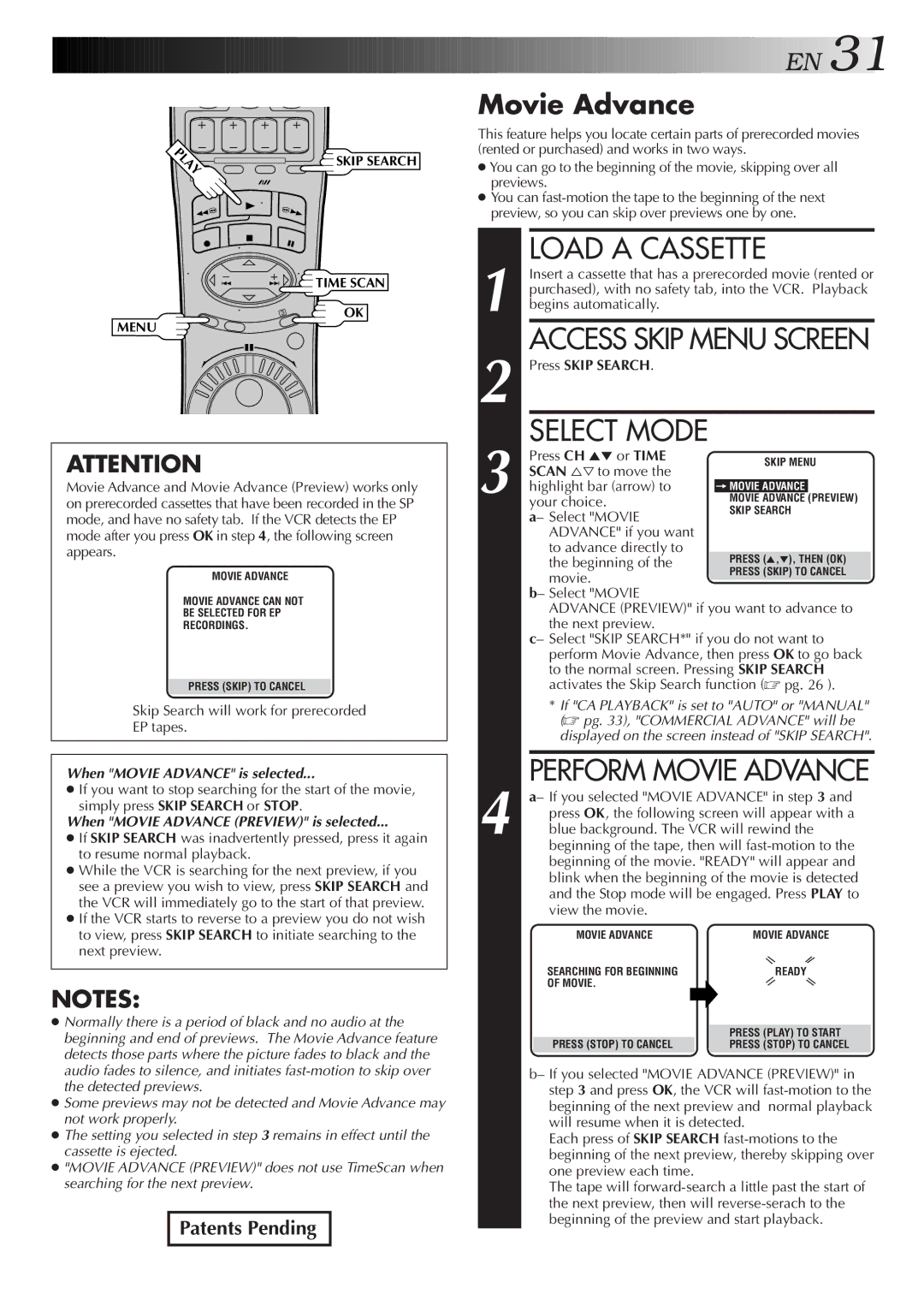 JVC HR-S9500U manual Perform Movie Advance 