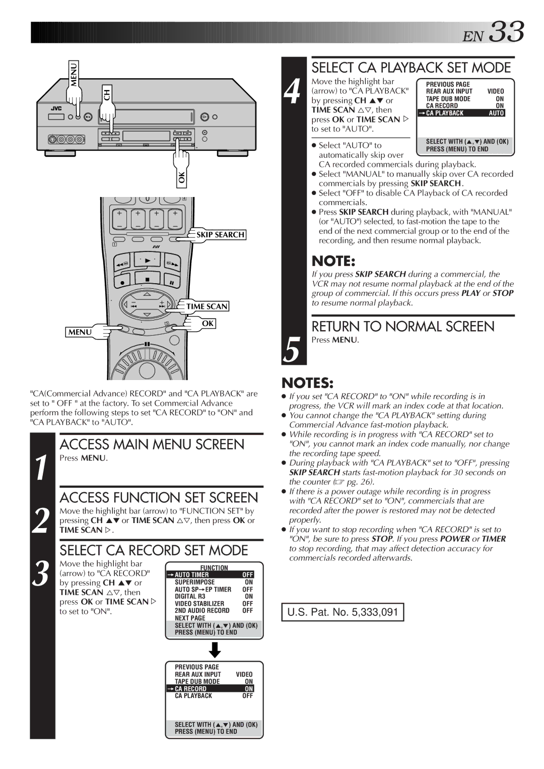 JVC HR-S9500U manual Access Main Menu Screen, Select CA Playback SET Mode, Return to Normal Screen 