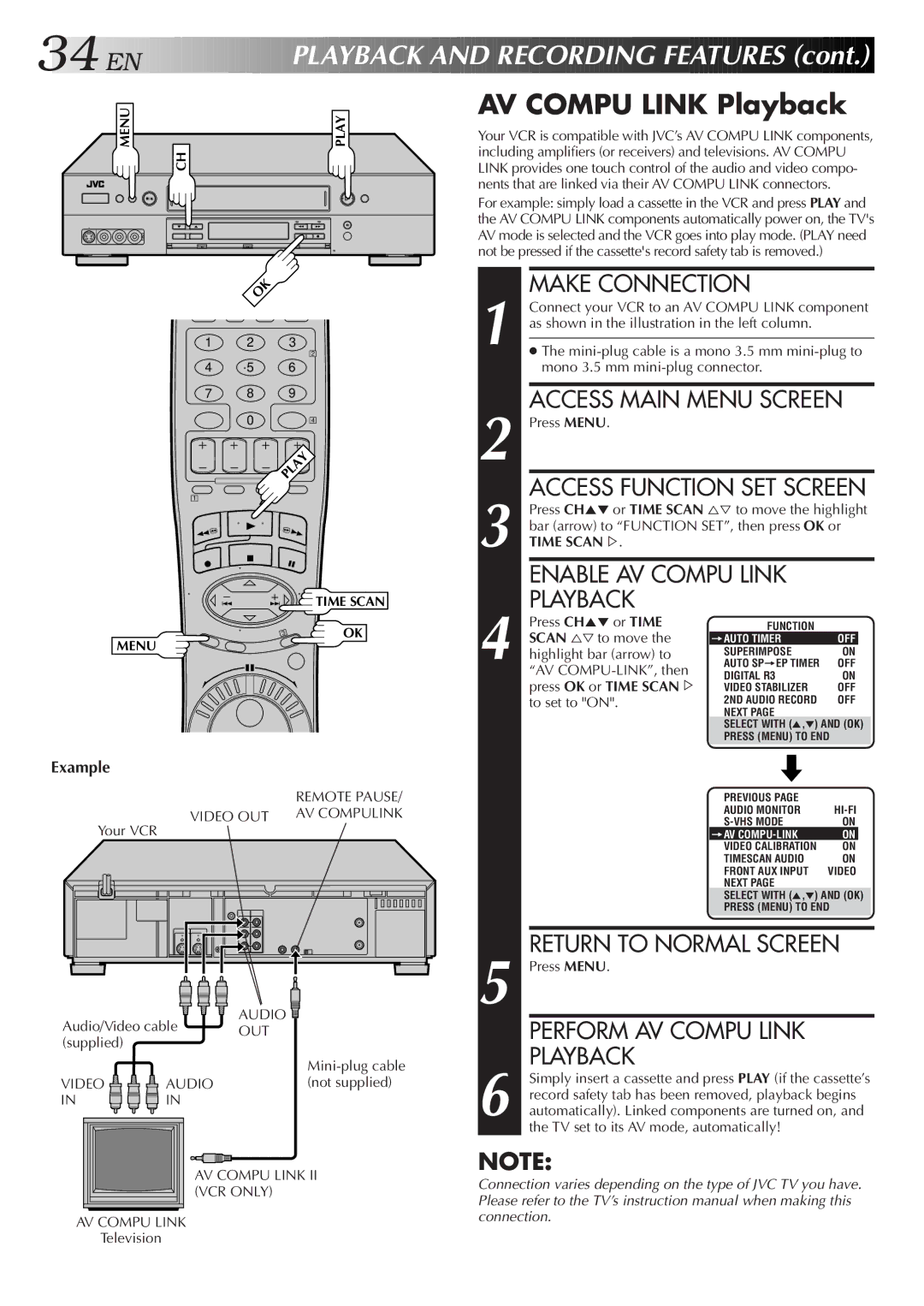 JVC HR-S9500U manual AV Compu Link Playback, Make Connection, Example 