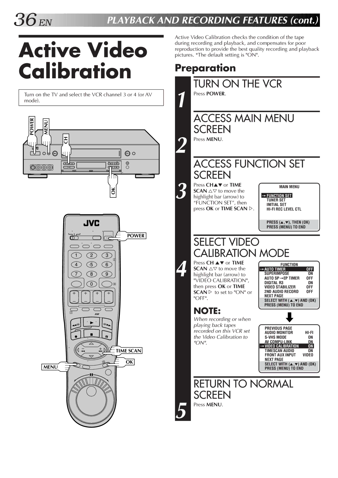 JVC HR-S9500U manual Active Video Calibration, Calibration Mode, Select Video 