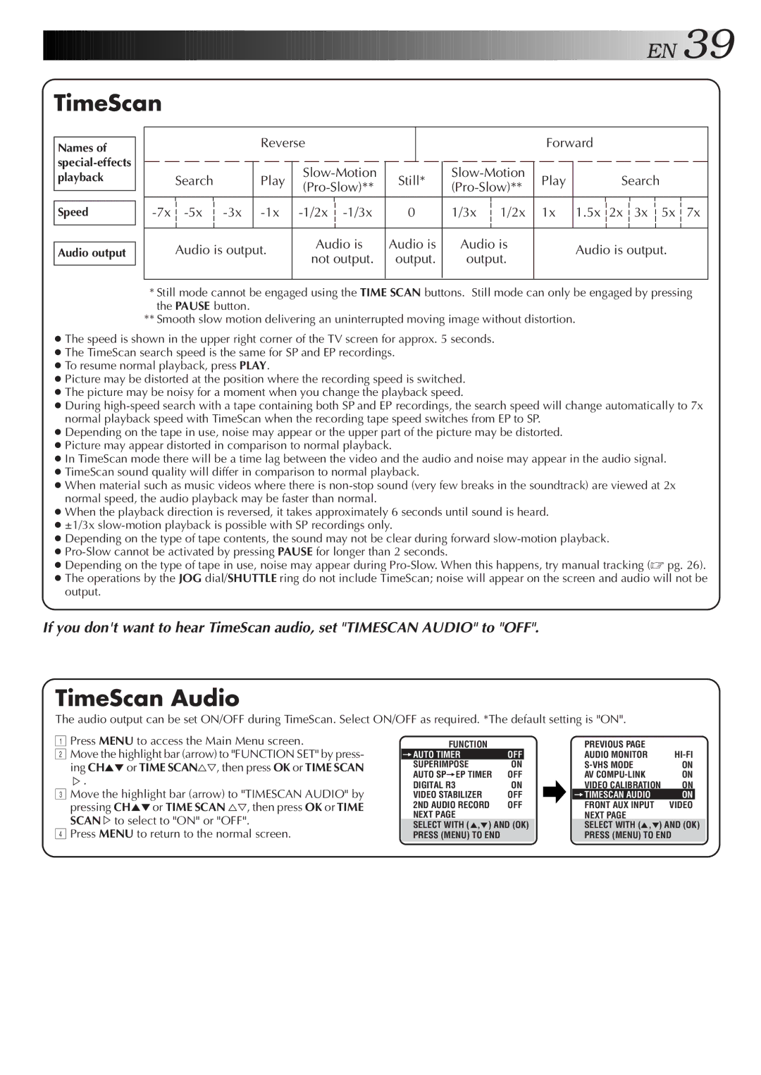 JVC HR-S9500U manual TimeScan Audio, Speed Audio output, Pro-Slow, Audio is 