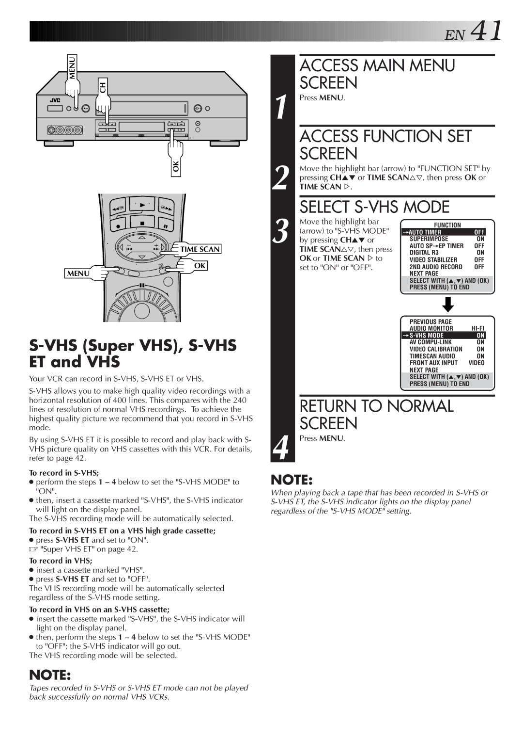 JVC HR-S9500U manual VHS Super VHS, S-VHS ET and VHS 