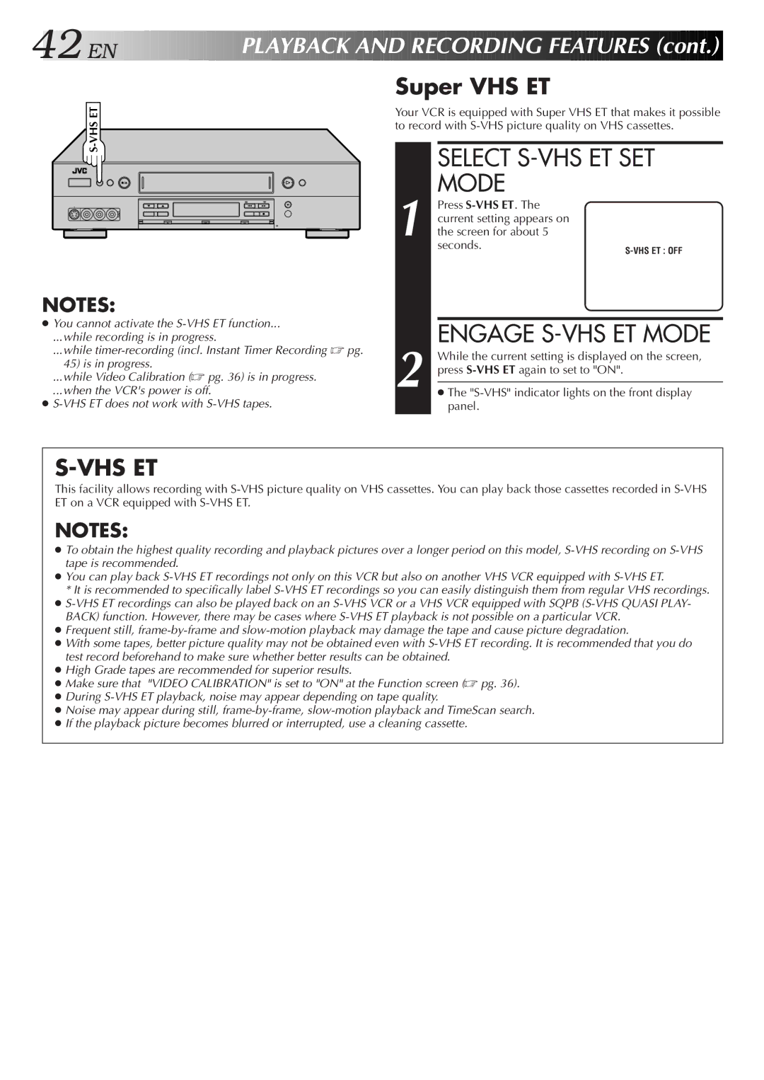 JVC HR-S9500U manual Select S-VHS ET SET Mode, Engage S-VHS ET Mode, Super VHS ET 