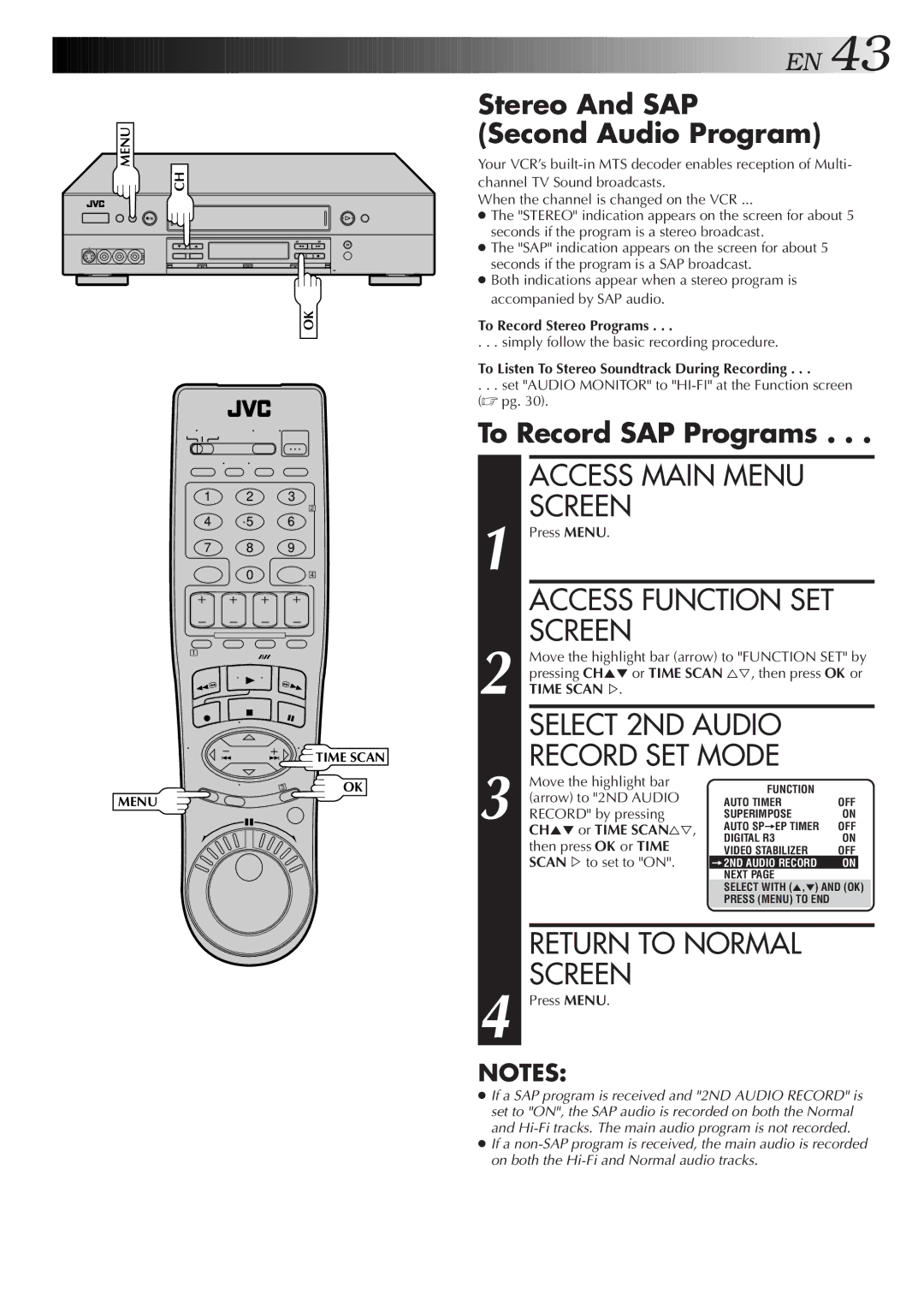 JVC HR-S9500U manual Select 2ND Audio Record SET Mode, Stereo And SAP Second Audio Program, To Record SAP Programs 