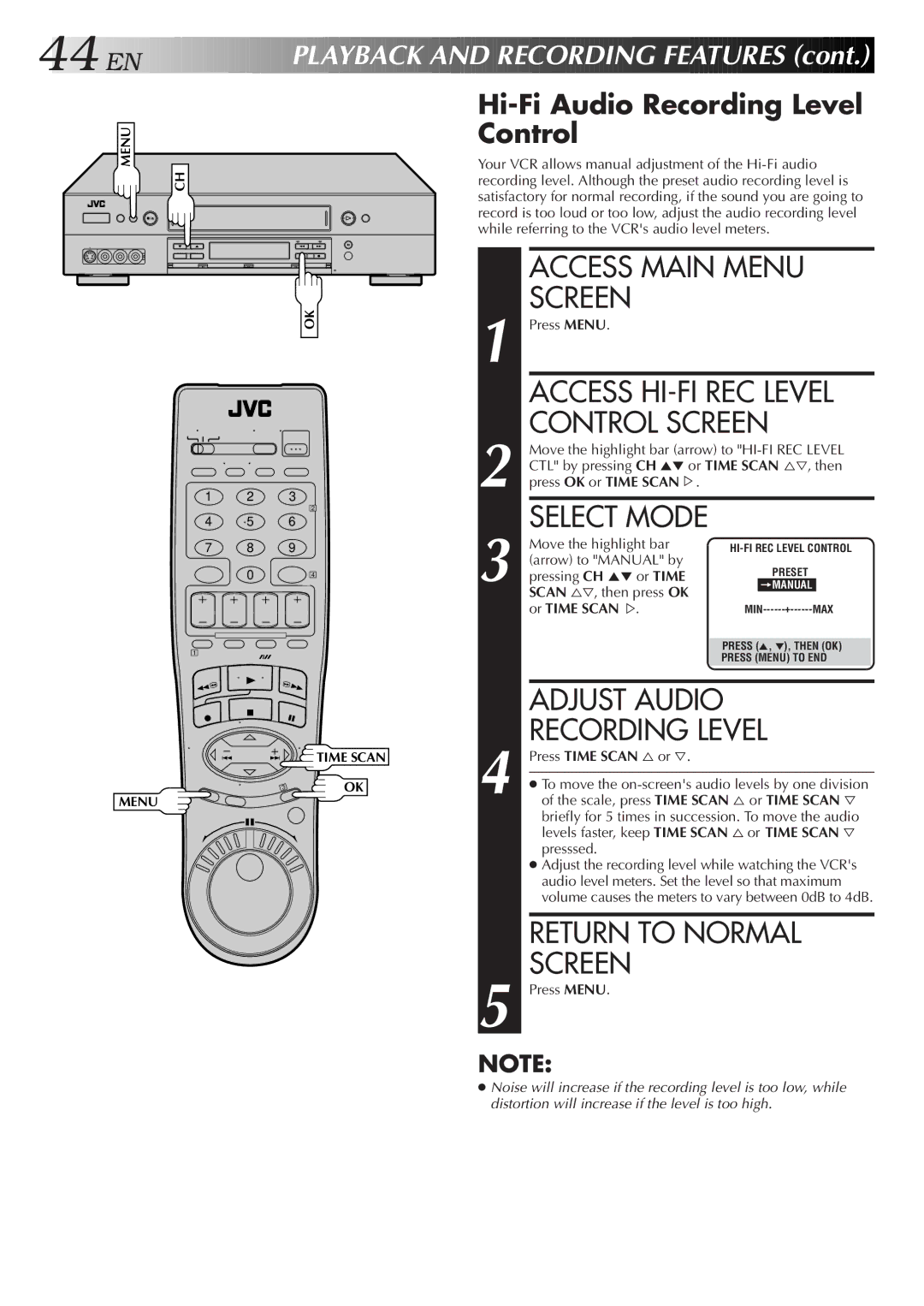 JVC HR-S9500U manual Control Screen, Adjust Audio, Hi-Fi Audio Recording Level Control, Select Mode 