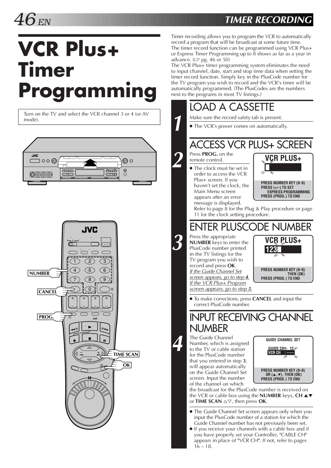 JVC HR-S9500U manual VCR Plus+ Timer Programming, EN Timer Recording, Enter Pluscode Number, Input Receiving Channel 