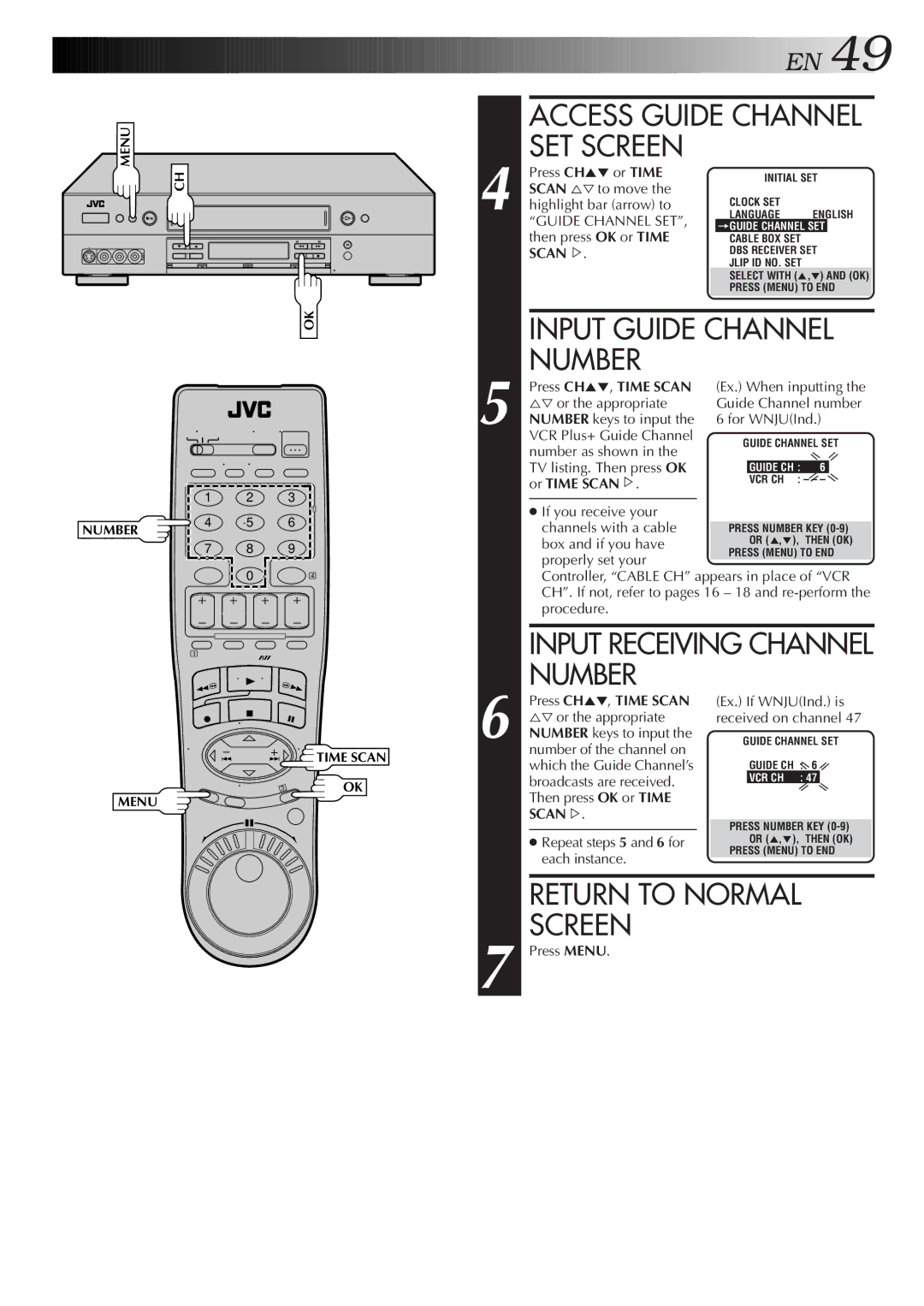 JVC HR-S9500U manual Access Guide Channel SET Screen, Input Guide Channel Number, Input Receiving Channel Number, Scan % 