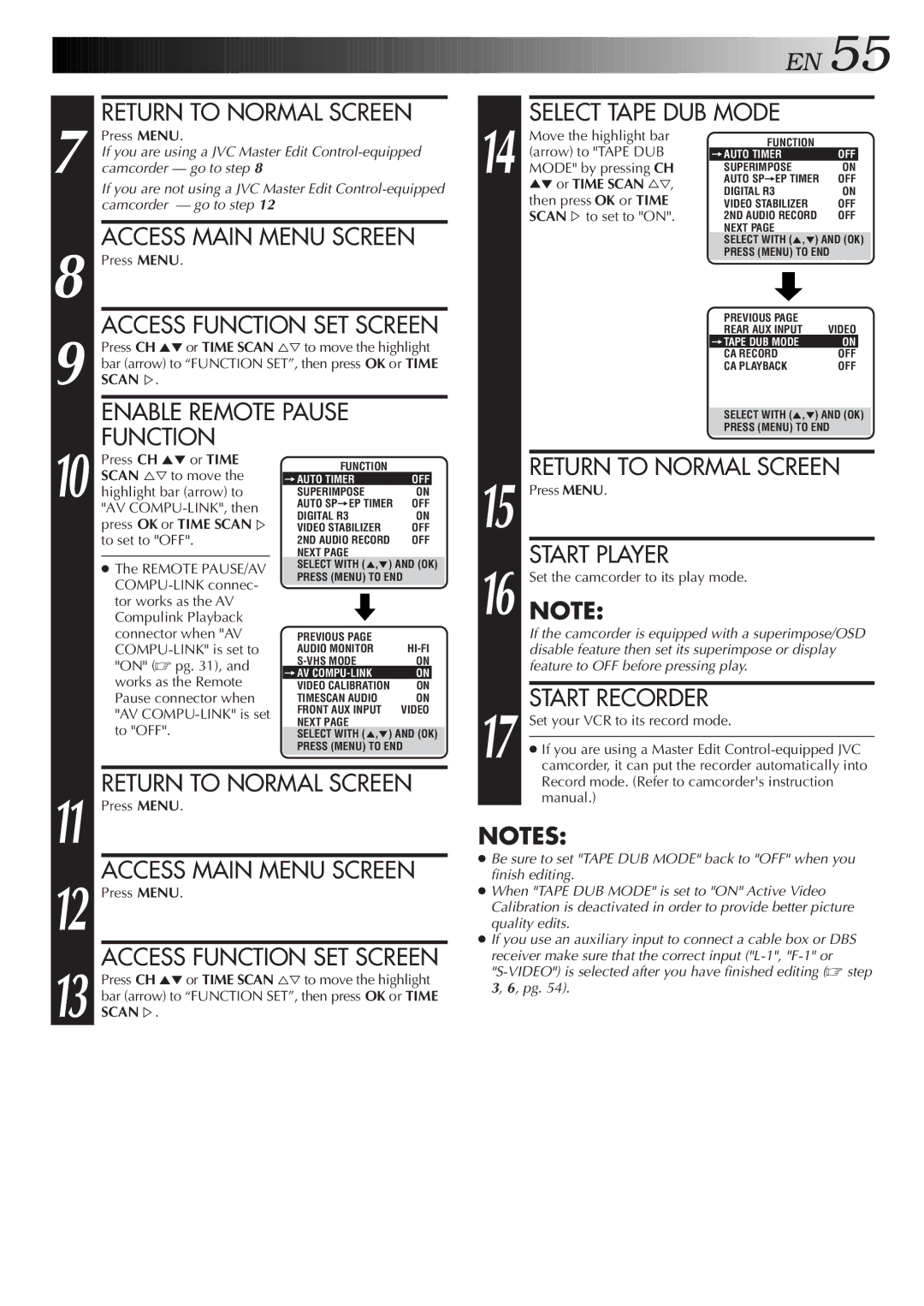 JVC HR-S9500U manual Enable Remote Pause Function, Start Player, Start Recorder, Access Function SET Screen 