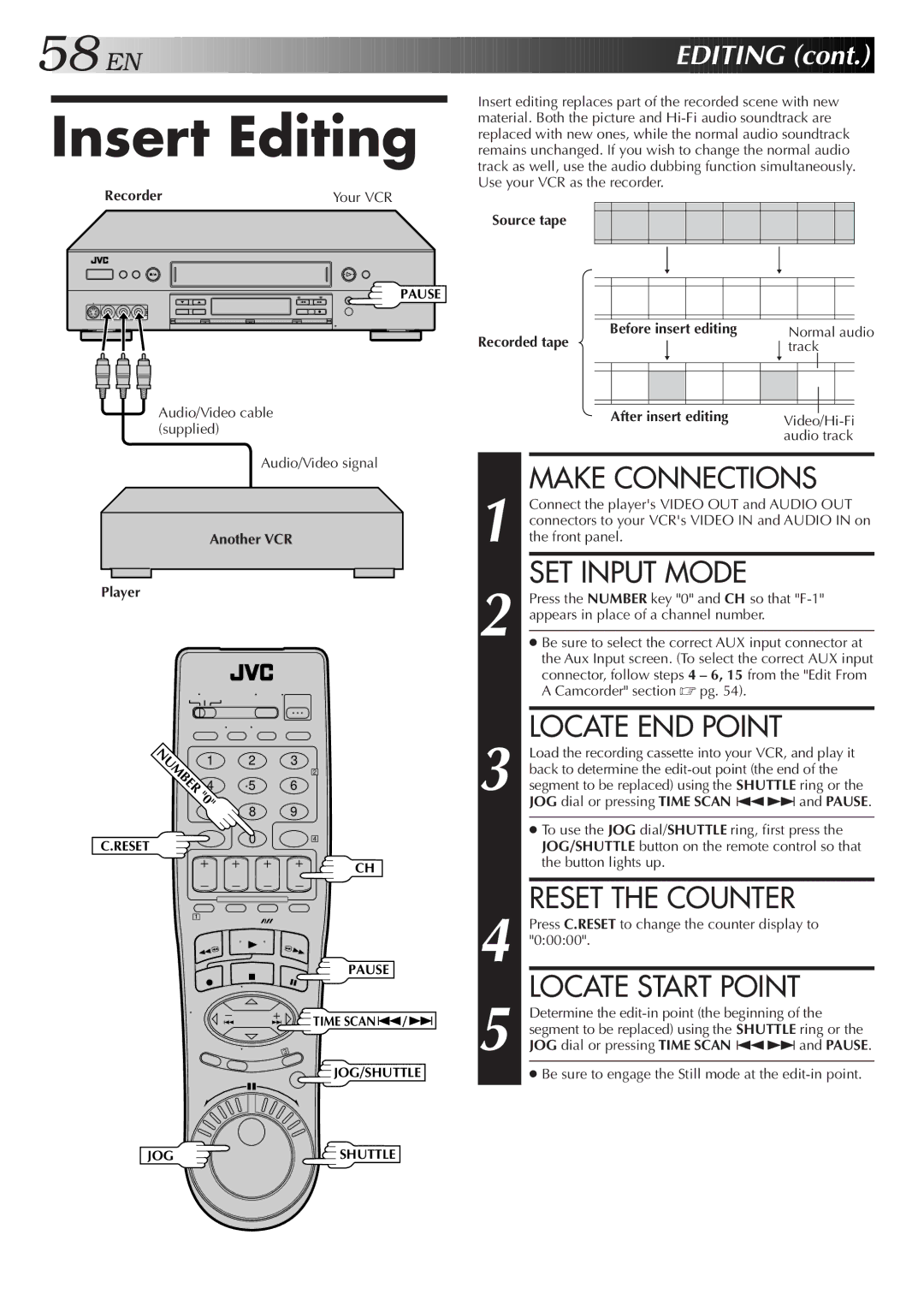 JVC HR-S9500U manual Insert Editing, Locate END Point, Reset the Counter, Another VCR Player, After insert editing 