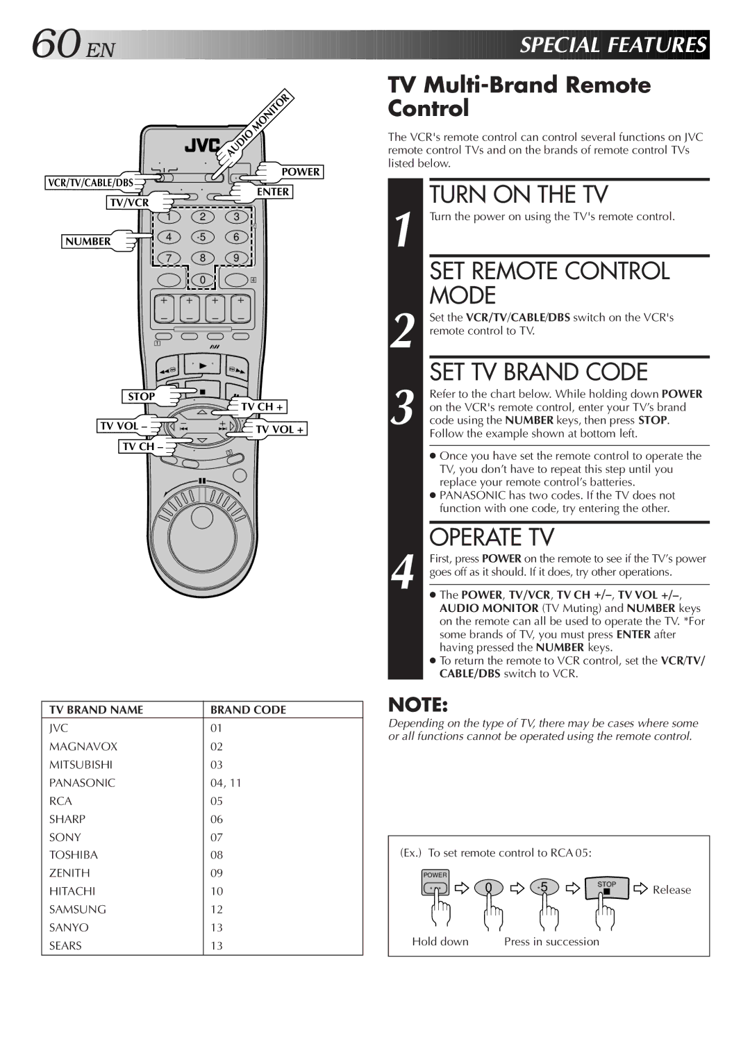 JVC HR-S9500U manual Turn on the TV, SET Remote Control Mode, SET TV Brand Code, Operate TV, Special Feat Ures 