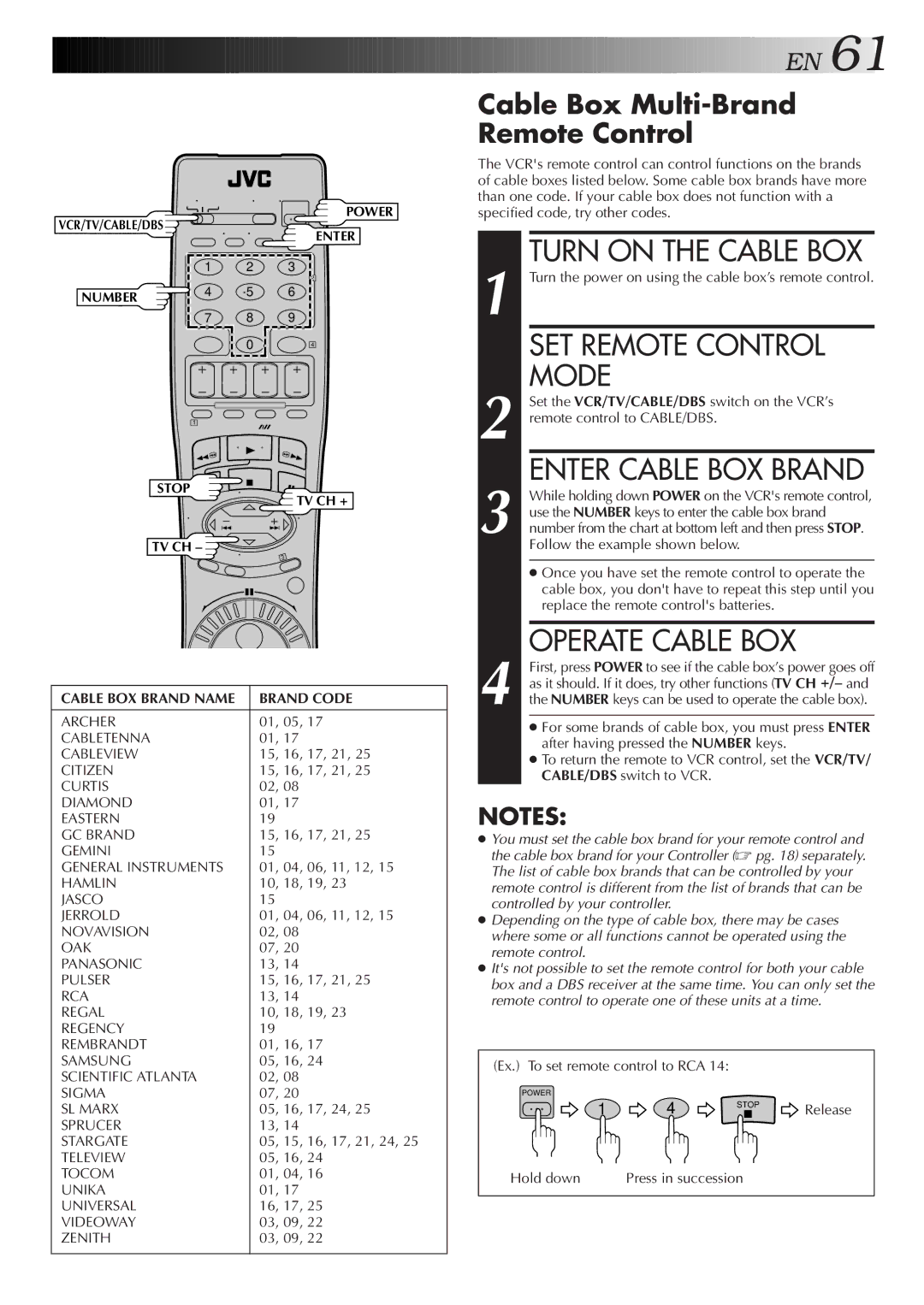 JVC HR-S9500U manual Turn on the Cable BOX, Operate Cable BOX, Cable Box Multi-Brand Remote Control 