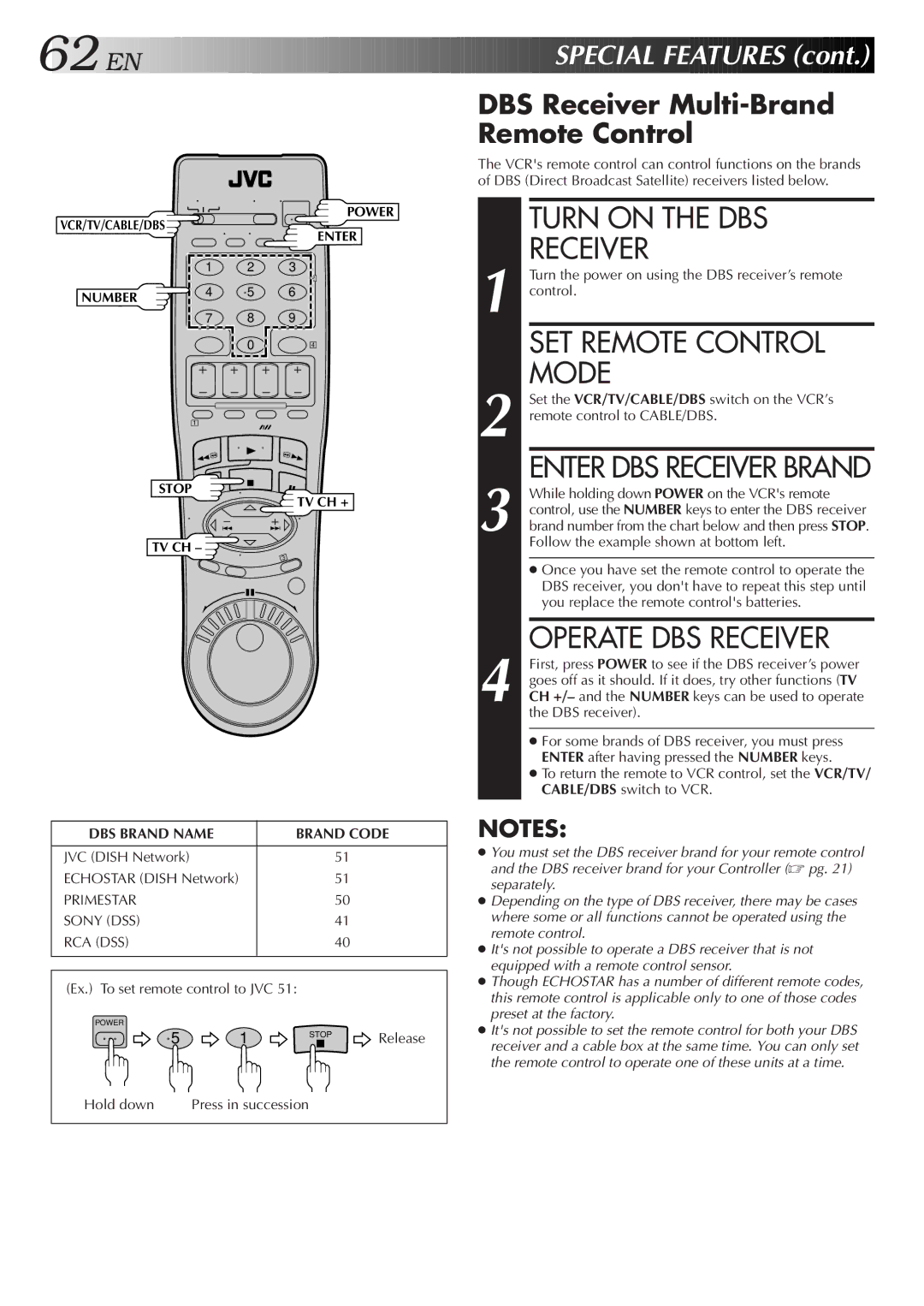 JVC HR-S9500U manual Turn on the DBS, SET Remote Control, Special Features, DBS Receiver Multi-Brand Remote Control 