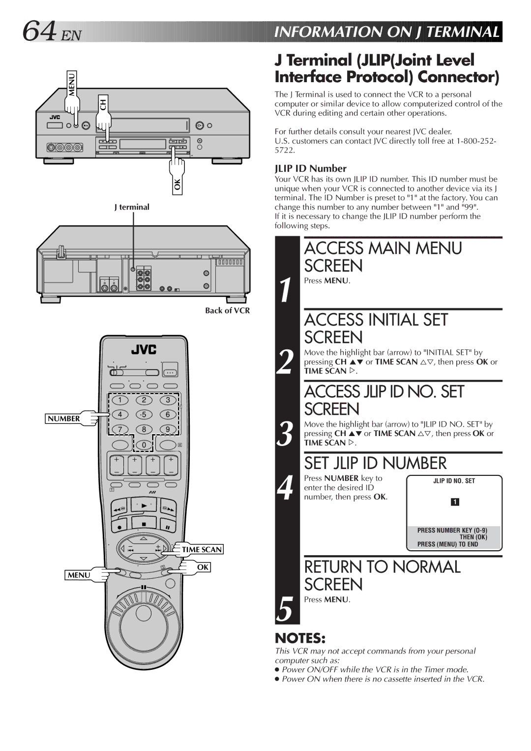 JVC HR-S9500U manual Access Jlip ID NO. SET, SET Jlip ID Number, Terminal JLIPJoint Level Interface Protocol Connector 