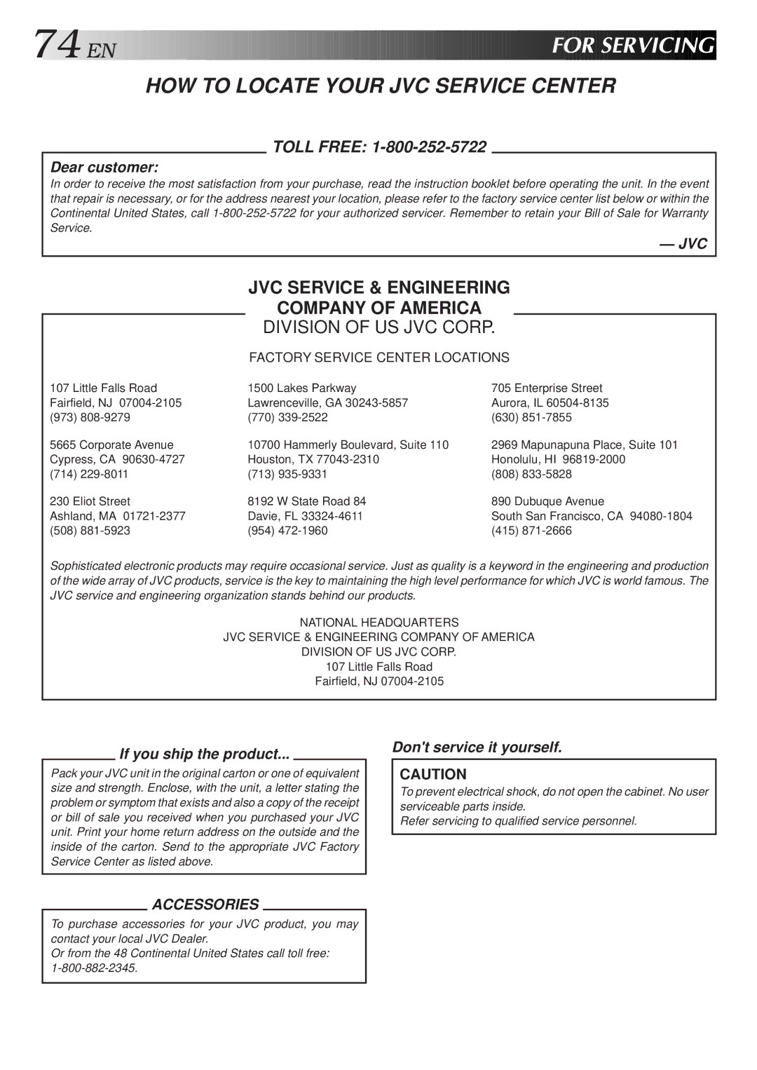 JVC HR-S9500U manual For Servicing, HOW to Locate Your JVC Service Center 