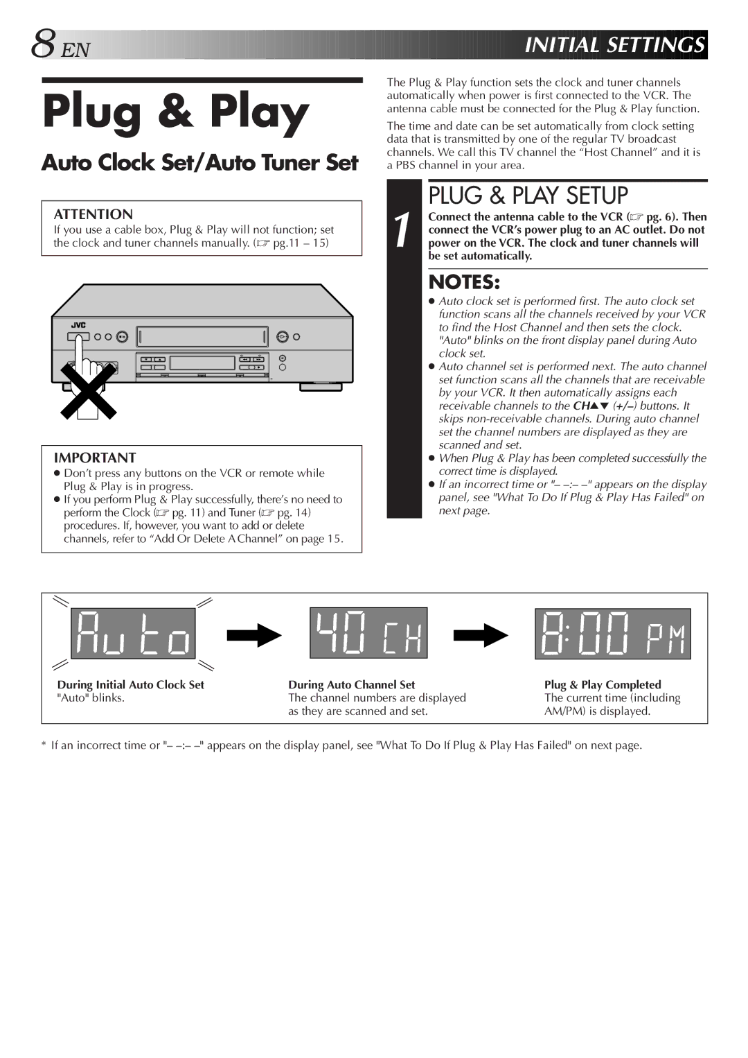 JVC HR-S9500U manual Plug & Play Setup, EN I Nitial Sett Ings, Auto Clock Set/Auto Tuner Set 