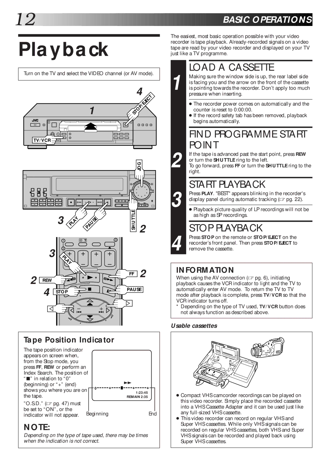 JVC HR-S9600EK setup guide Load a Cassette, Point, Start Playback, Stop Playback 