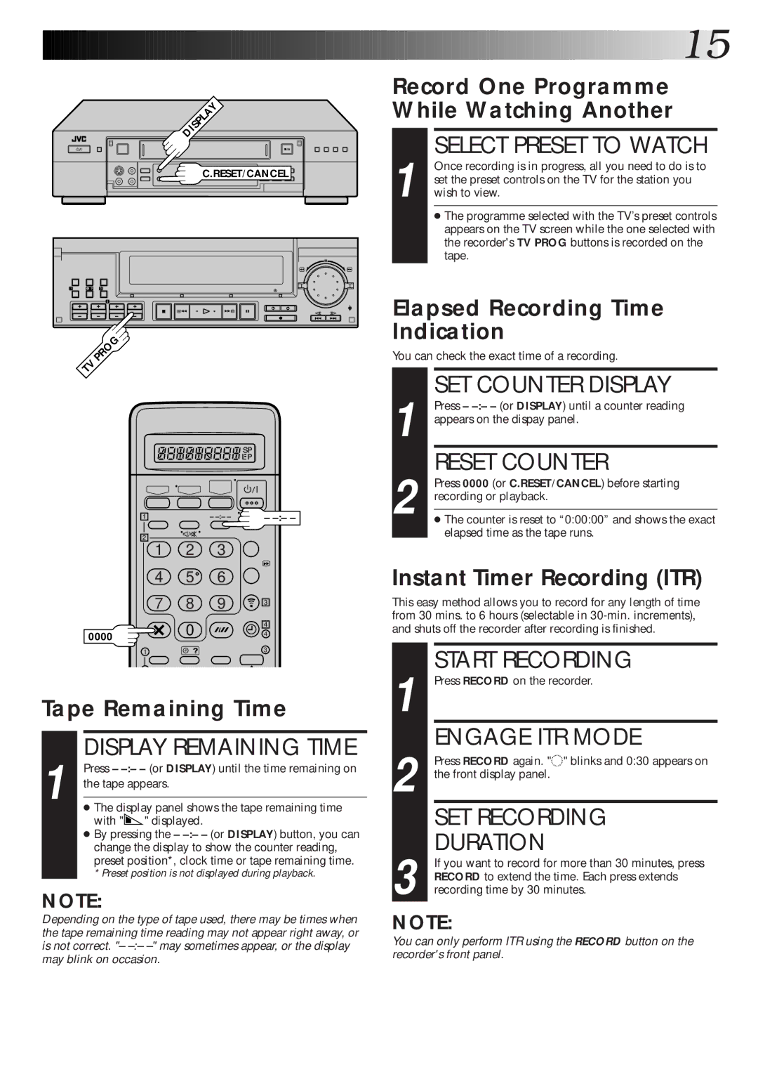 JVC HR-S9600EK Select Preset to Watch, SET Counter Display, Reset Counter, Display Remaining Time, Engage ITR Mode 