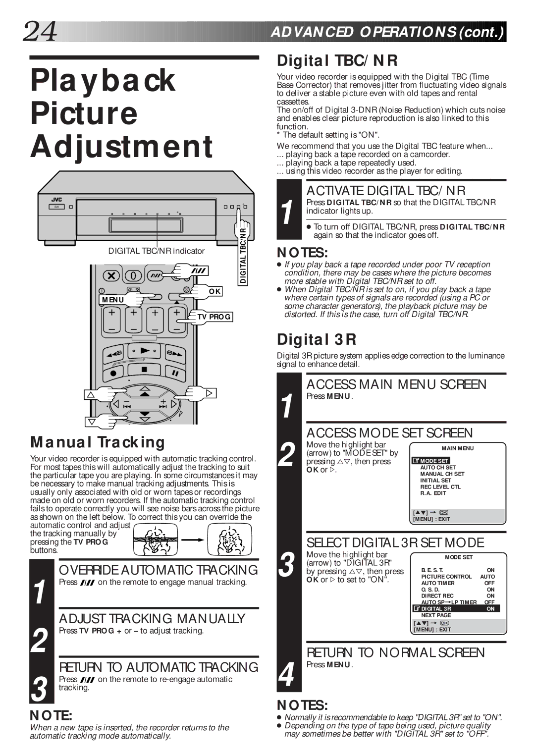 JVC HR-S9600EK setup guide Playback Picture Adjustment, Manual Tracking, Digital TBC/NR, Digital 3R 