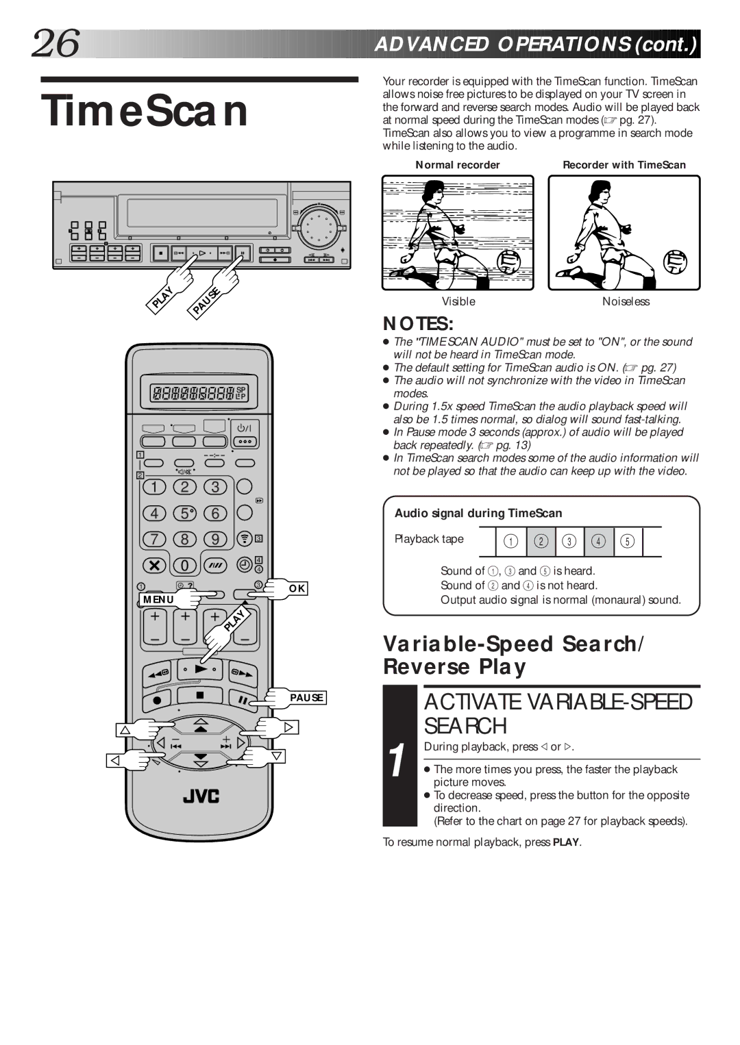 JVC HR-S9600EK setup guide Variable-Speed Search/ Reverse Play, Audio signal during TimeScan, Normal recorder 