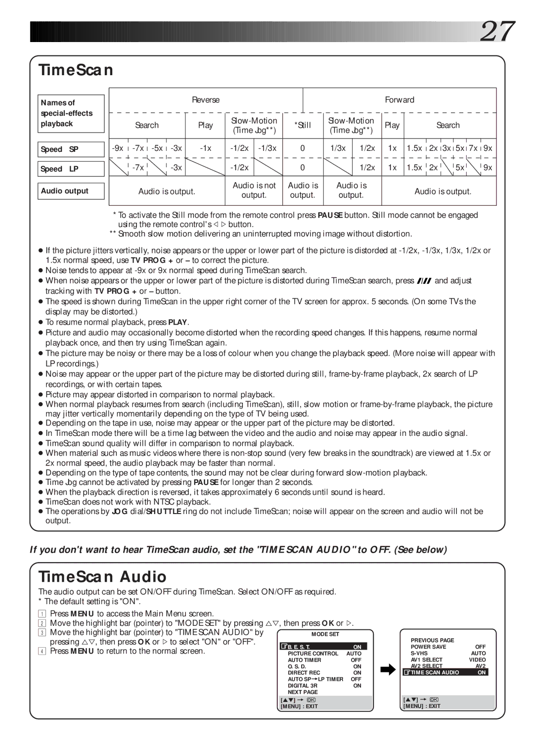 JVC HR-S9600EK TimeScan Audio, Speed SP Speed LP Audio output, Forward Search Play Slow-Motion Still, Audio is output 