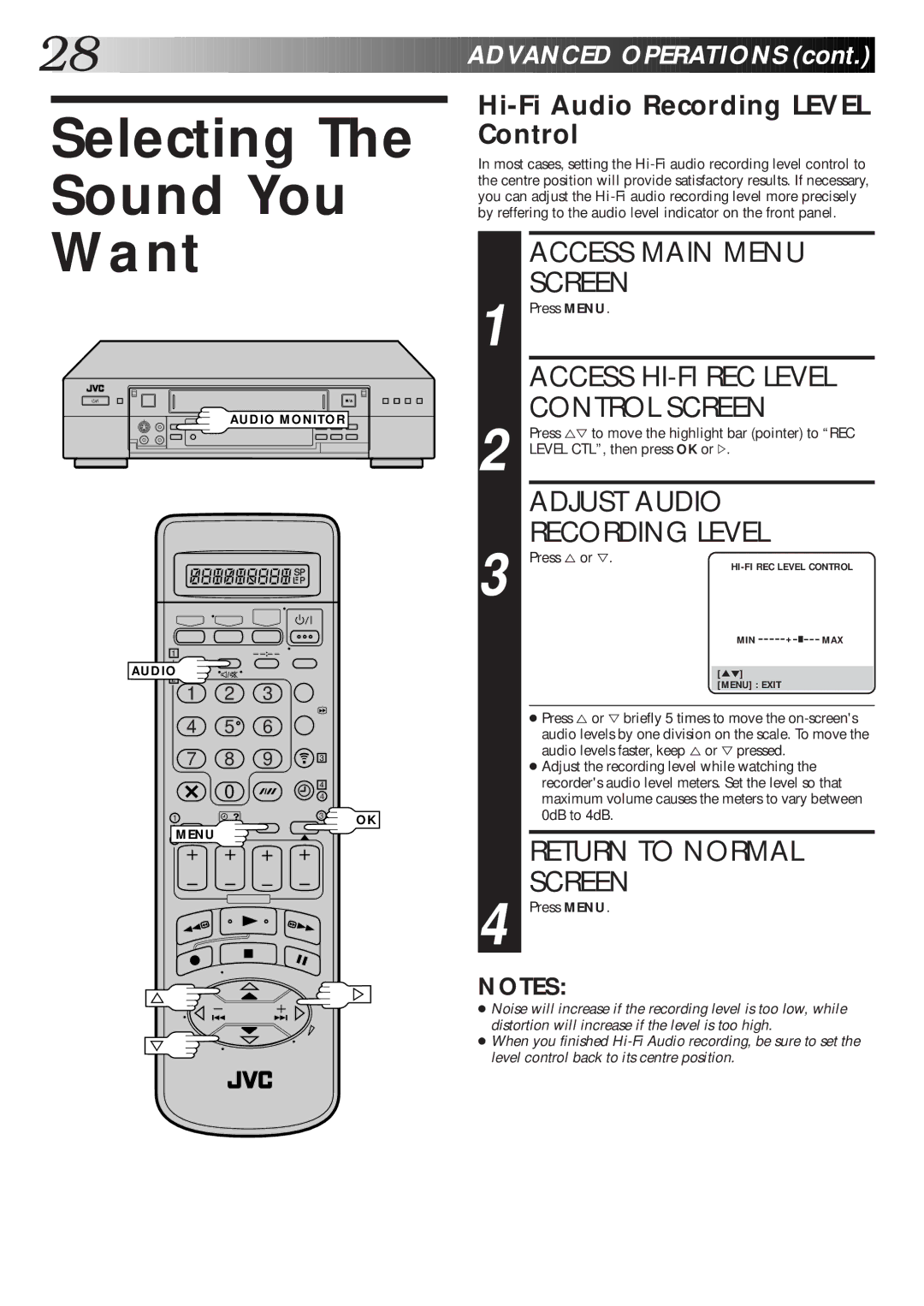 JVC HR-S9600EK setup guide Selecting Sound You Want, Control Screen, Adjust Audio, Recording Level, Return to Normal Screen 