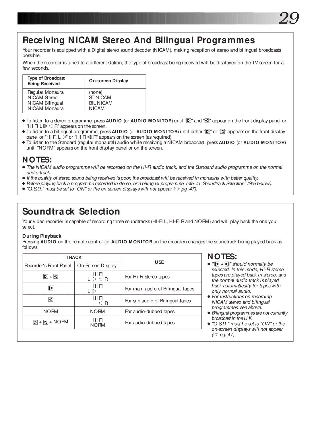 JVC HR-S9600EK Receiving Nicam Stereo And Bilingual Programmes, Soundtrack Selection, During Playback, Track USE 