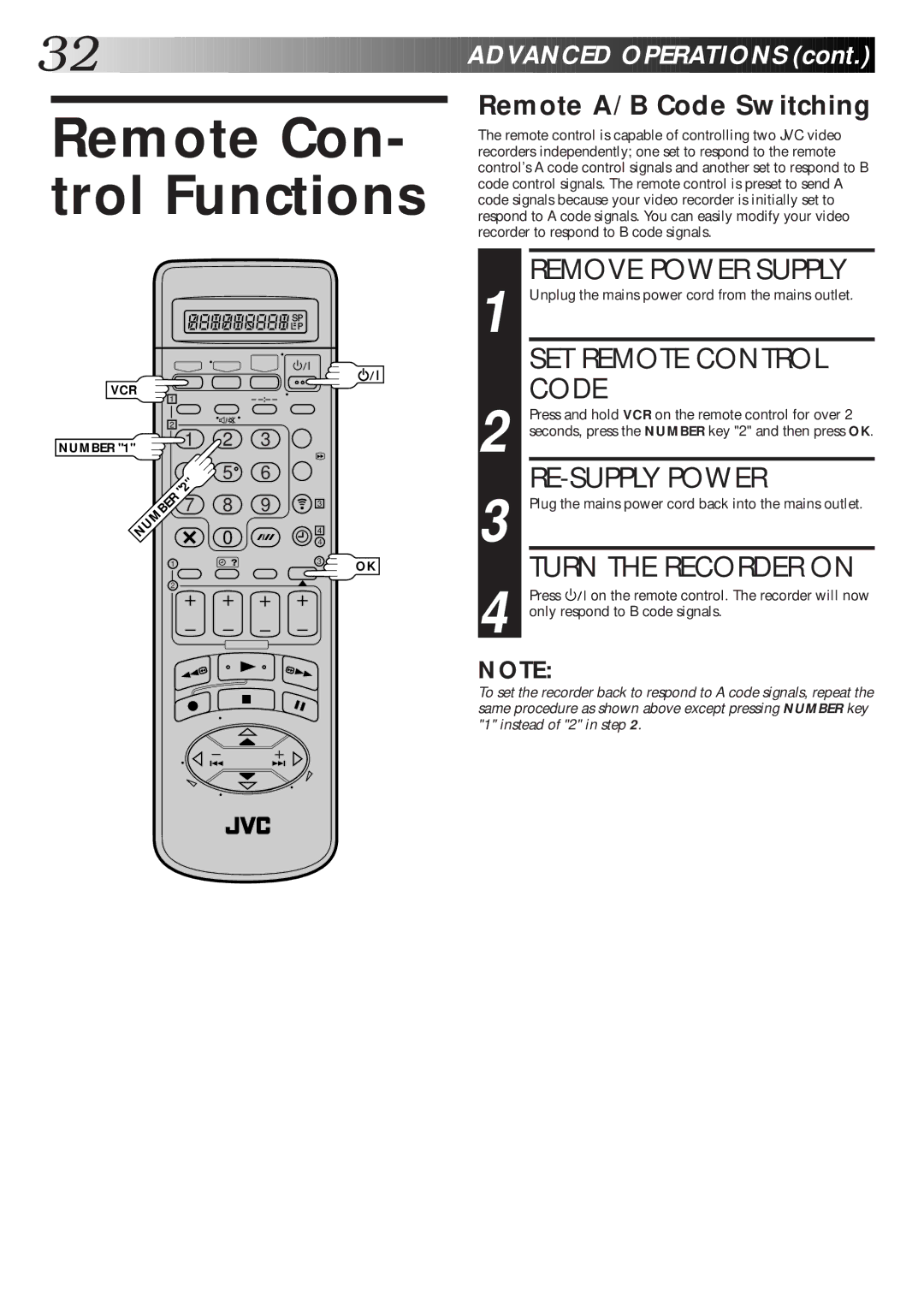 JVC HR-S9600EK setup guide Remote Con- trol Functions, SET Remote Control, RE-SUPPLY Power, Remote A/B Code Switching 