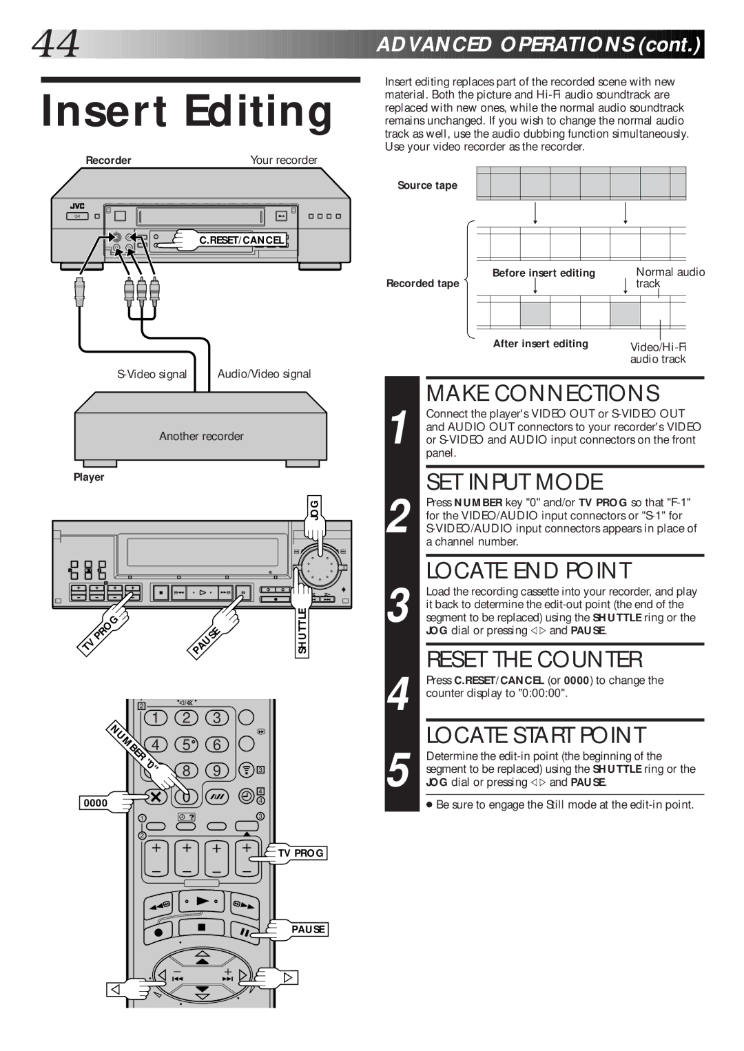 JVC HR-S9600EK setup guide Insert Editing, Reset the Counter, Number 