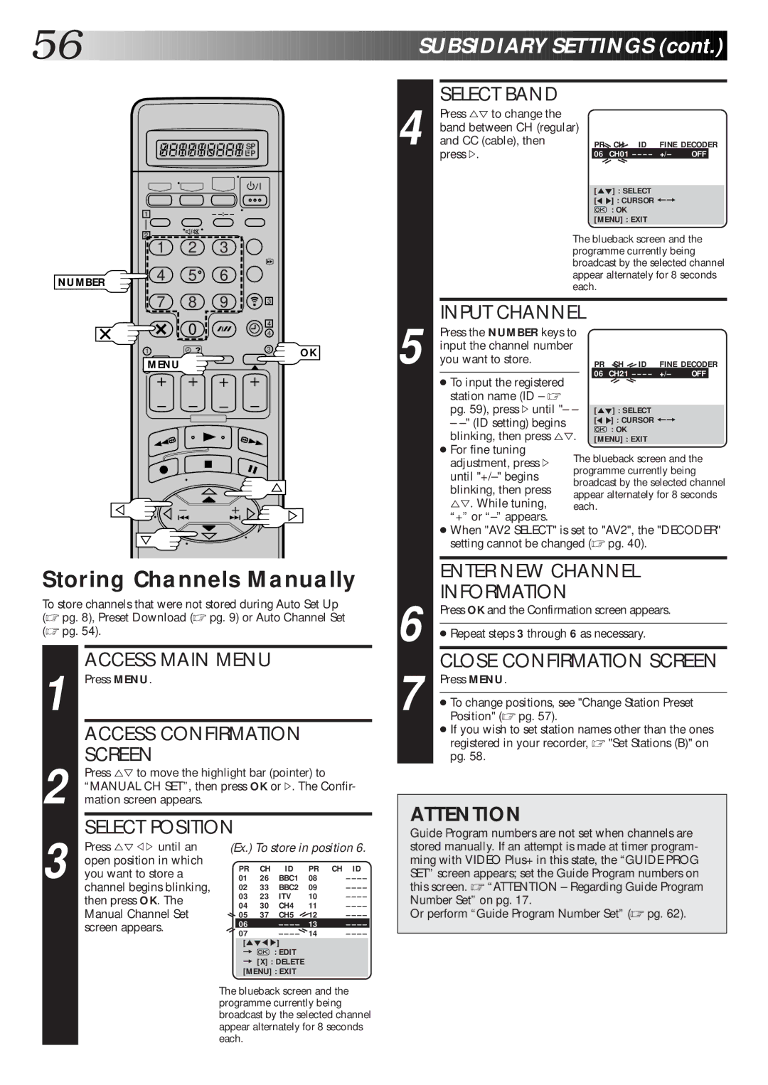 JVC HR-S9600EK Storing Channels Manually, Input Channel, Enter NEW Channel Information, Close Confirmation Screen 