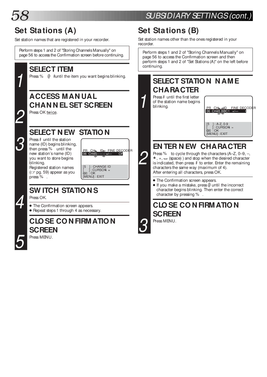 JVC HR-S9600EK setup guide Access Manual, Channel SET Screen, Select NEW Station, Switch Stations, Close Confirmation 