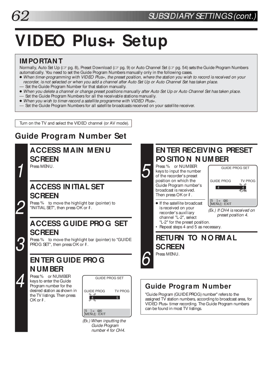 JVC HR-S9600EK setup guide Video Plus+ Setup, Guide Program Number Set 