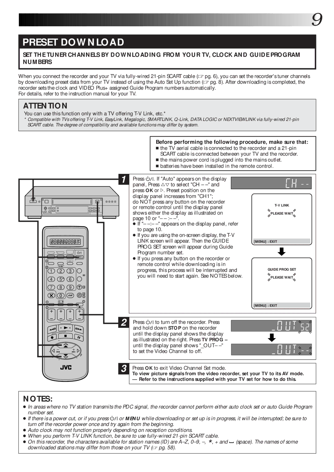 JVC HR-S9600EK or If -- appears on the display panel, refer, Link screen will appear. Then the Guide, Program number set 