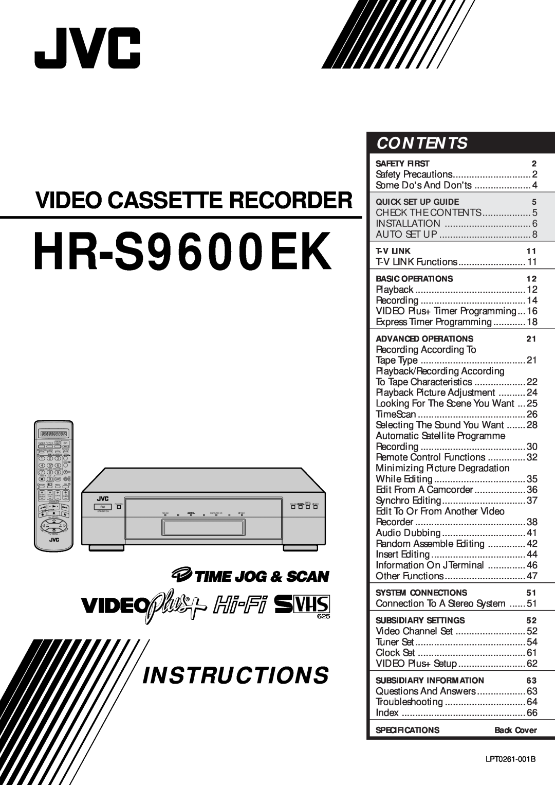 JVC HR-S9600EK setup guide Instructions, Video Cassette Recorder, Contents, Safety First, Quick Set Up Guide, T-V Link 