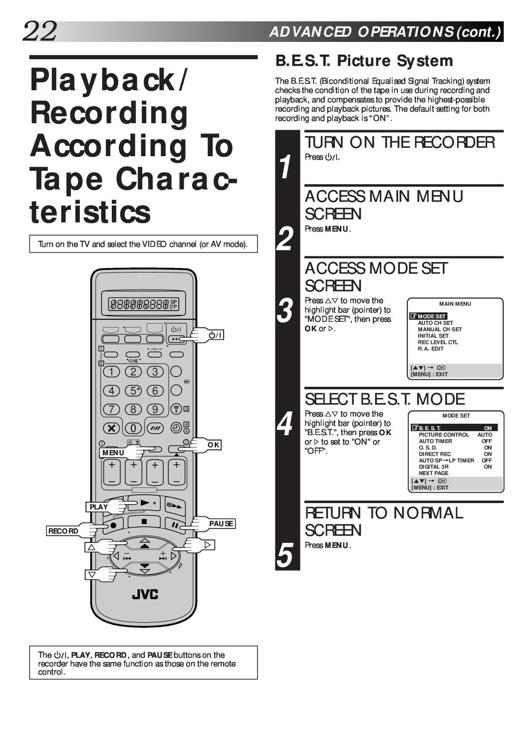 JVC HR-S9600EK Playback/ Recording According To Tape Charac- teristics, Access Main Menu, Access Mode Set, Screen 