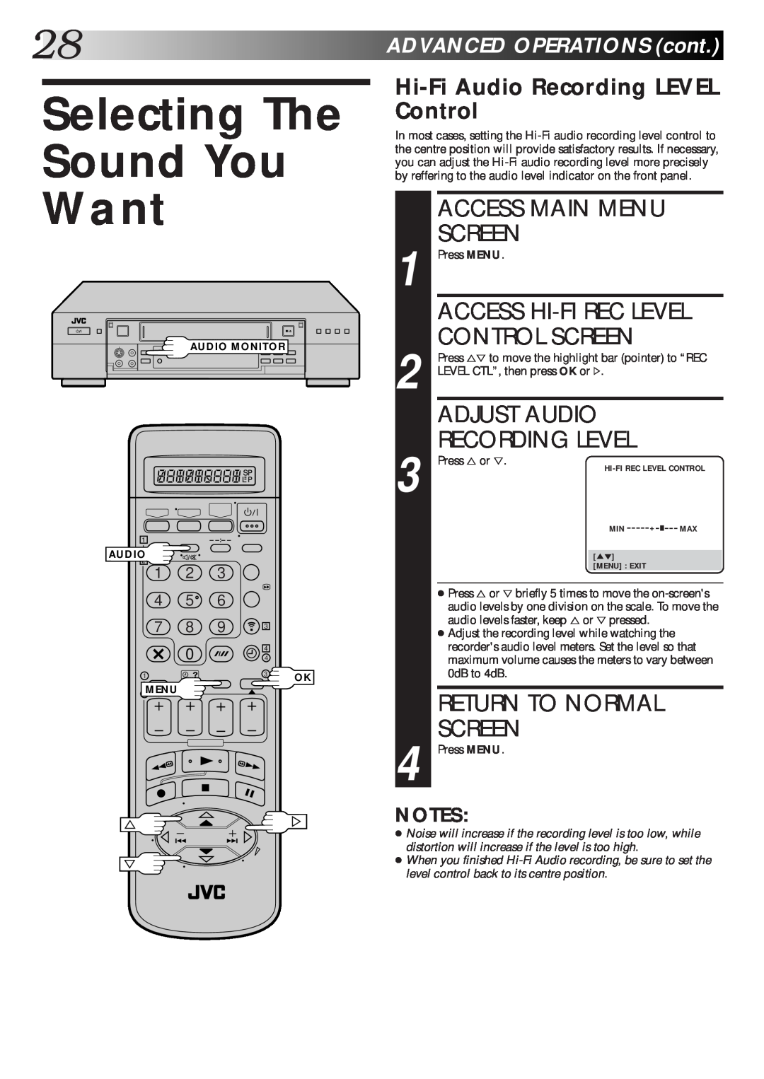 JVC HR-S9600EK Selecting The Sound You Want, Control Screen, Adjust Audio, Recording Level, Return To Normal Screen 